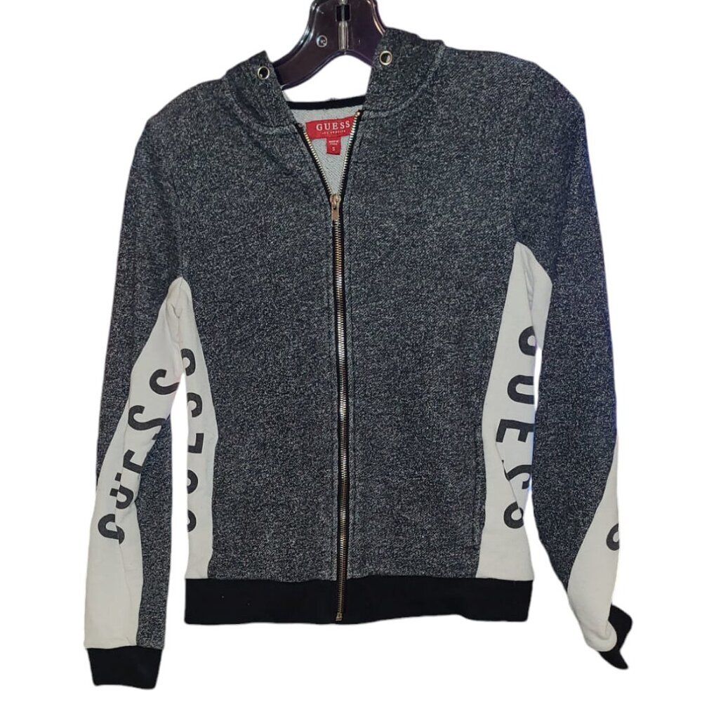 GUESS Los Angeles Women’s Small Hoodie – Black/White Fleece Zip-Up with Pockets